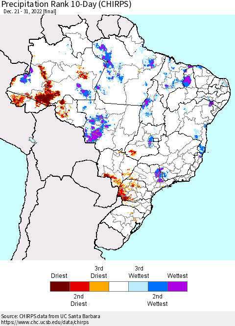 Brazil Precipitation Rank since 1981, 10-Day (CHIRPS) Thematic Map For 12/21/2022 - 12/31/2022