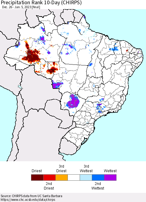 Brazil Precipitation Rank since 1981, 10-Day (CHIRPS) Thematic Map For 12/26/2022 - 1/5/2023