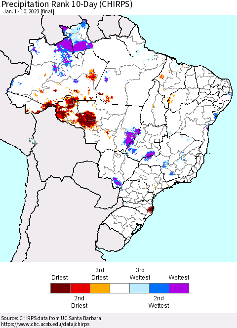 Brazil Precipitation Rank since 1981, 10-Day (CHIRPS) Thematic Map For 1/1/2023 - 1/10/2023