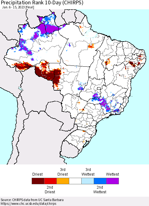 Brazil Precipitation Rank since 1981, 10-Day (CHIRPS) Thematic Map For 1/6/2023 - 1/15/2023
