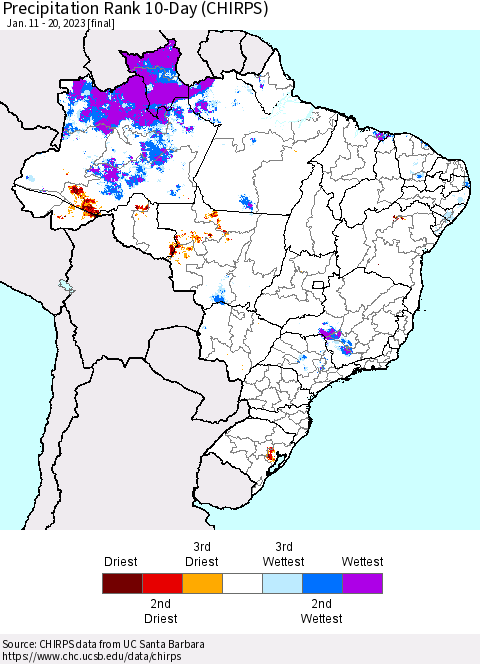 Brazil Precipitation Rank since 1981, 10-Day (CHIRPS) Thematic Map For 1/11/2023 - 1/20/2023