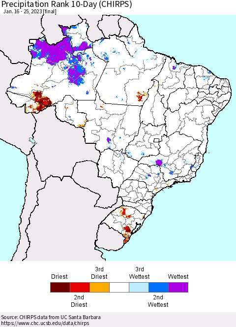 Brazil Precipitation Rank since 1981, 10-Day (CHIRPS) Thematic Map For 1/16/2023 - 1/25/2023