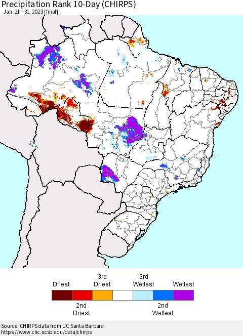 Brazil Precipitation Rank since 1981, 10-Day (CHIRPS) Thematic Map For 1/21/2023 - 1/31/2023