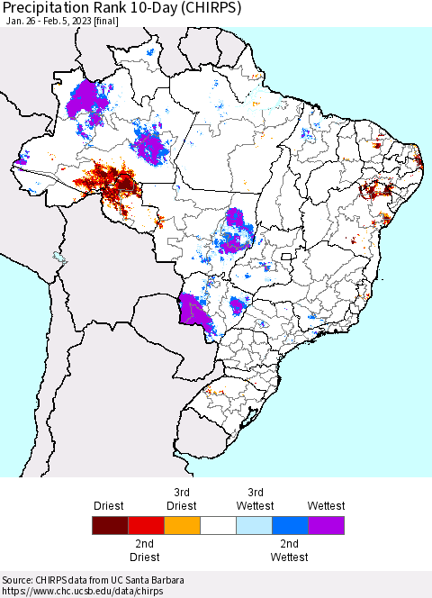 Brazil Precipitation Rank since 1981, 10-Day (CHIRPS) Thematic Map For 1/26/2023 - 2/5/2023