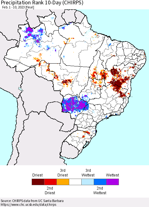 Brazil Precipitation Rank since 1981, 10-Day (CHIRPS) Thematic Map For 2/1/2023 - 2/10/2023