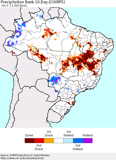 Brazil Precipitation Rank since 1981, 10-Day (CHIRPS) Thematic Map For 2/6/2023 - 2/15/2023