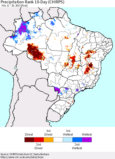 Brazil Precipitation Rank since 1981, 10-Day (CHIRPS) Thematic Map For 2/11/2023 - 2/20/2023
