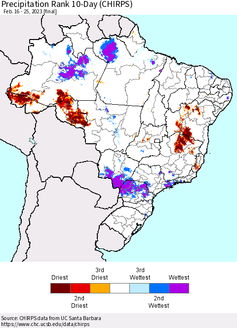 Brazil Precipitation Rank since 1981, 10-Day (CHIRPS) Thematic Map For 2/16/2023 - 2/25/2023