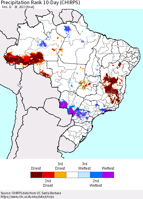 Brazil Precipitation Rank since 1981, 10-Day (CHIRPS) Thematic Map For 2/21/2023 - 2/28/2023
