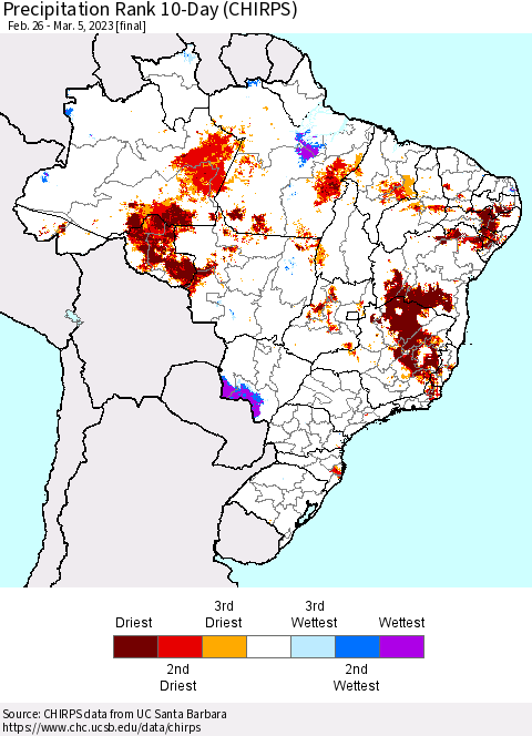 Brazil Precipitation Rank since 1981, 10-Day (CHIRPS) Thematic Map For 2/26/2023 - 3/5/2023