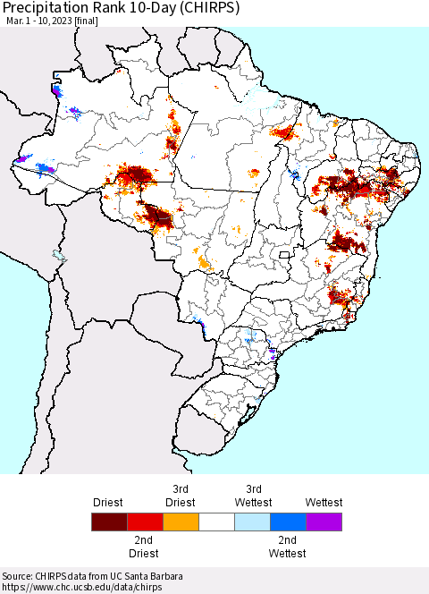 Brazil Precipitation Rank since 1981, 10-Day (CHIRPS) Thematic Map For 3/1/2023 - 3/10/2023