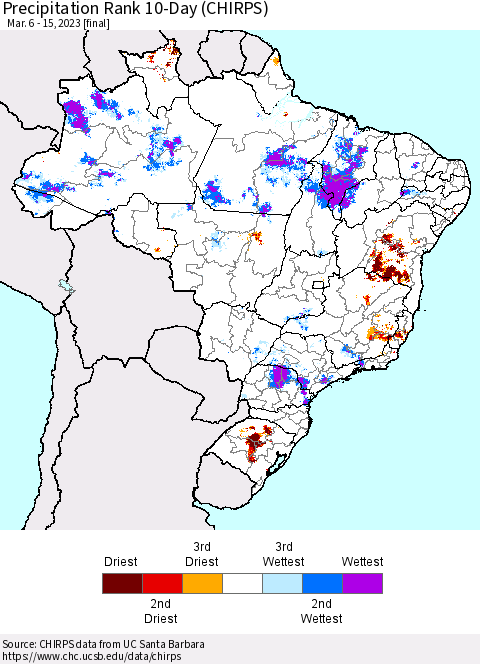 Brazil Precipitation Rank since 1981, 10-Day (CHIRPS) Thematic Map For 3/6/2023 - 3/15/2023