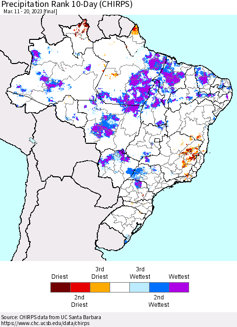 Brazil Precipitation Rank since 1981, 10-Day (CHIRPS) Thematic Map For 3/11/2023 - 3/20/2023
