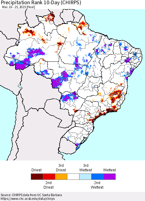 Brazil Precipitation Rank since 1981, 10-Day (CHIRPS) Thematic Map For 3/16/2023 - 3/25/2023