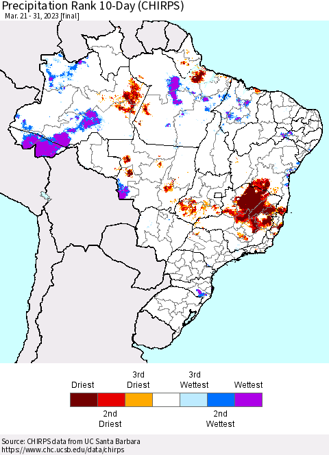 Brazil Precipitation Rank since 1981, 10-Day (CHIRPS) Thematic Map For 3/21/2023 - 3/31/2023