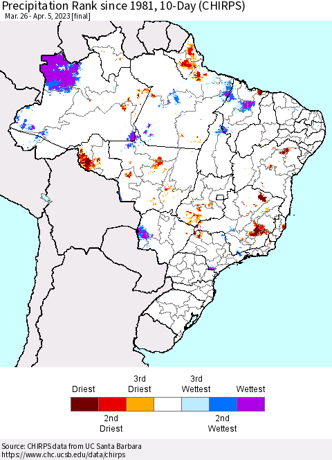 Brazil Precipitation Rank since 1981, 10-Day (CHIRPS) Thematic Map For 3/26/2023 - 4/5/2023