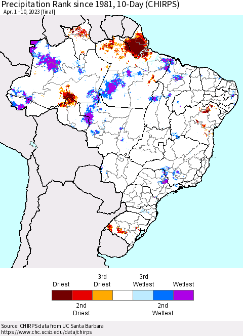 Brazil Precipitation Rank since 1981, 10-Day (CHIRPS) Thematic Map For 4/1/2023 - 4/10/2023