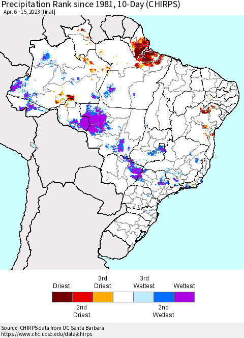 Brazil Precipitation Rank since 1981, 10-Day (CHIRPS) Thematic Map For 4/6/2023 - 4/15/2023
