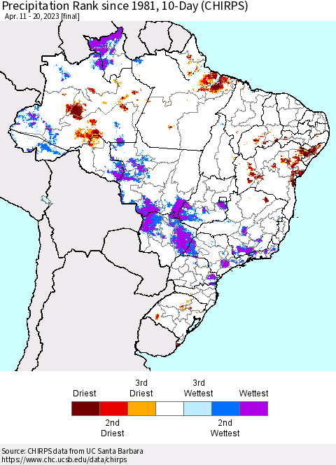 Brazil Precipitation Rank since 1981, 10-Day (CHIRPS) Thematic Map For 4/11/2023 - 4/20/2023