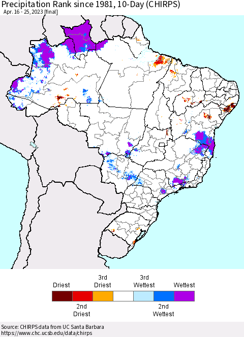 Brazil Precipitation Rank since 1981, 10-Day (CHIRPS) Thematic Map For 4/16/2023 - 4/25/2023