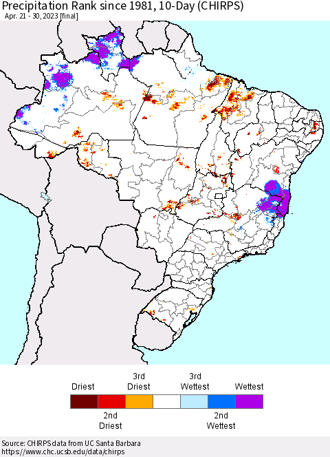 Brazil Precipitation Rank since 1981, 10-Day (CHIRPS) Thematic Map For 4/21/2023 - 4/30/2023