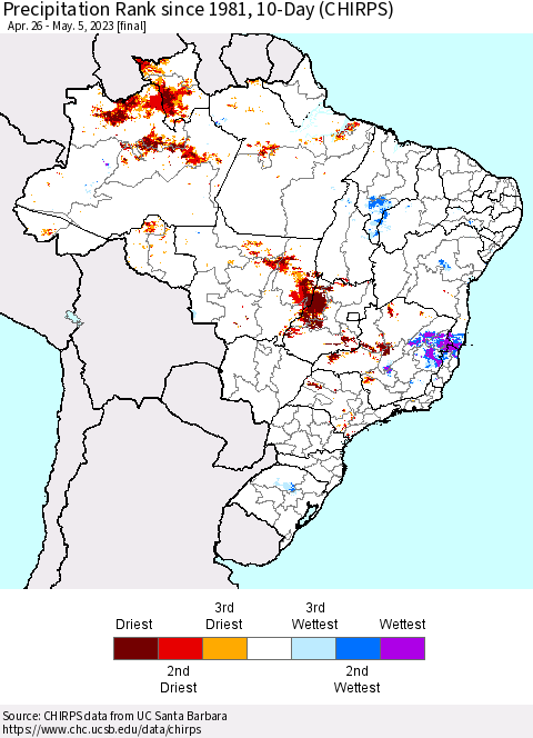 Brazil Precipitation Rank since 1981, 10-Day (CHIRPS) Thematic Map For 4/26/2023 - 5/5/2023