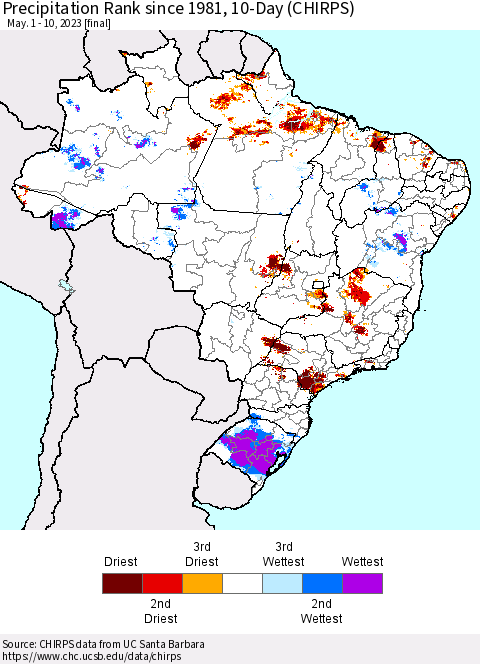 Brazil Precipitation Rank since 1981, 10-Day (CHIRPS) Thematic Map For 5/1/2023 - 5/10/2023