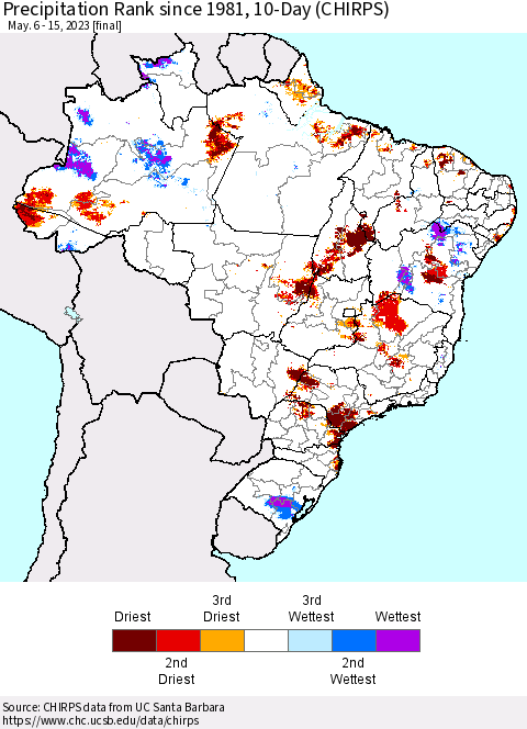 Brazil Precipitation Rank since 1981, 10-Day (CHIRPS) Thematic Map For 5/6/2023 - 5/15/2023