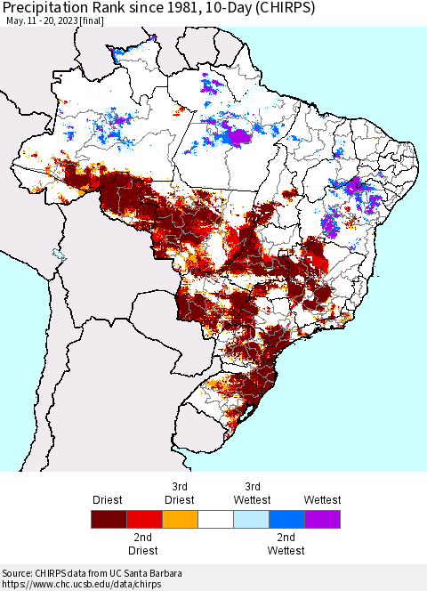 Brazil Precipitation Rank since 1981, 10-Day (CHIRPS) Thematic Map For 5/11/2023 - 5/20/2023