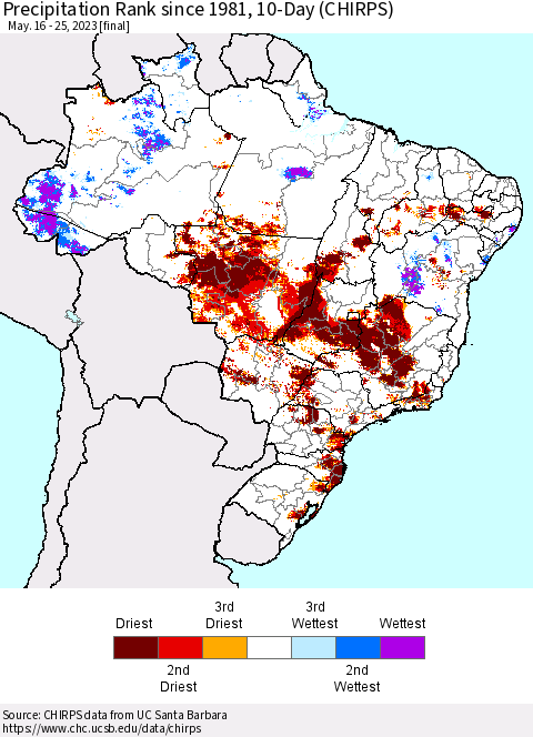 Brazil Precipitation Rank since 1981, 10-Day (CHIRPS) Thematic Map For 5/16/2023 - 5/25/2023