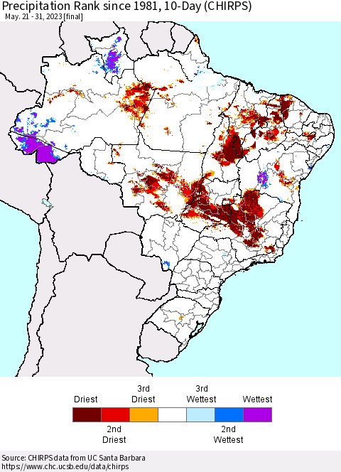 Brazil Precipitation Rank since 1981, 10-Day (CHIRPS) Thematic Map For 5/21/2023 - 5/31/2023