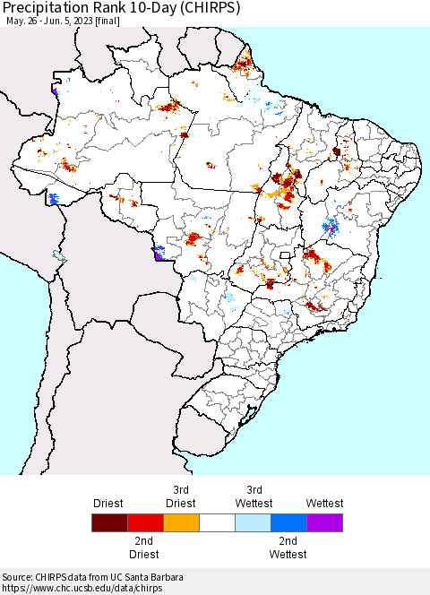 Brazil Precipitation Rank since 1981, 10-Day (CHIRPS) Thematic Map For 5/26/2023 - 6/5/2023