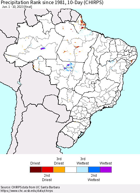 Brazil Precipitation Rank since 1981, 10-Day (CHIRPS) Thematic Map For 6/1/2023 - 6/10/2023
