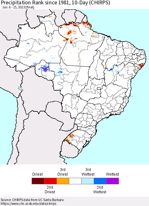 Brazil Precipitation Rank since 1981, 10-Day (CHIRPS) Thematic Map For 6/6/2023 - 6/15/2023