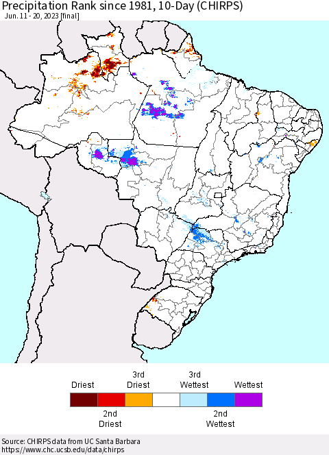 Brazil Precipitation Rank since 1981, 10-Day (CHIRPS) Thematic Map For 6/11/2023 - 6/20/2023