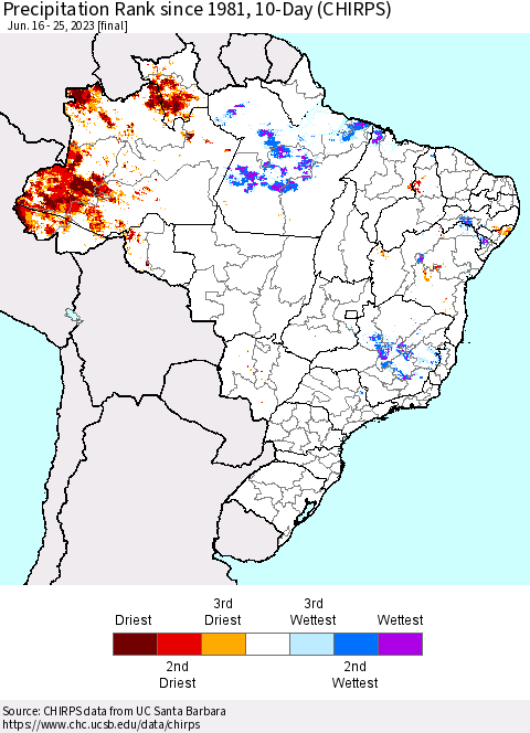Brazil Precipitation Rank since 1981, 10-Day (CHIRPS) Thematic Map For 6/16/2023 - 6/25/2023