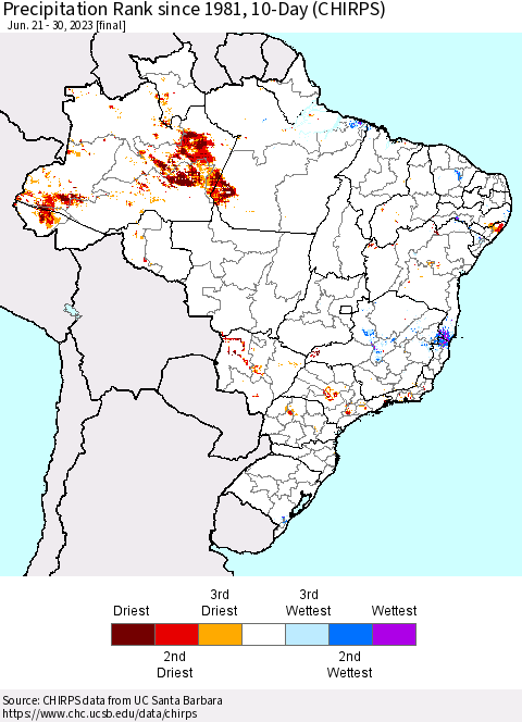 Brazil Precipitation Rank since 1981, 10-Day (CHIRPS) Thematic Map For 6/21/2023 - 6/30/2023