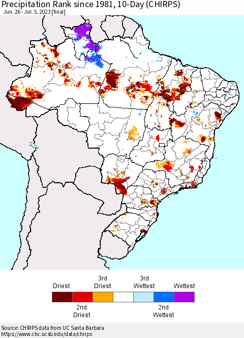 Brazil Precipitation Rank since 1981, 10-Day (CHIRPS) Thematic Map For 6/26/2023 - 7/5/2023