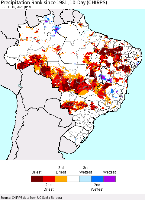 Brazil Precipitation Rank since 1981, 10-Day (CHIRPS) Thematic Map For 7/1/2023 - 7/10/2023