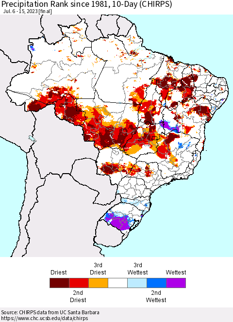 Brazil Precipitation Rank since 1981, 10-Day (CHIRPS) Thematic Map For 7/6/2023 - 7/15/2023