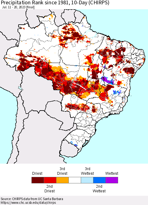 Brazil Precipitation Rank since 1981, 10-Day (CHIRPS) Thematic Map For 7/11/2023 - 7/20/2023