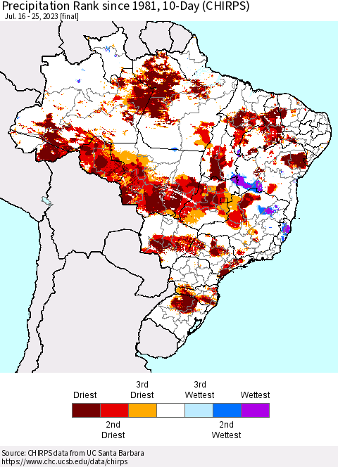Brazil Precipitation Rank since 1981, 10-Day (CHIRPS) Thematic Map For 7/16/2023 - 7/25/2023