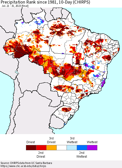 Brazil Precipitation Rank since 1981, 10-Day (CHIRPS) Thematic Map For 7/21/2023 - 7/31/2023