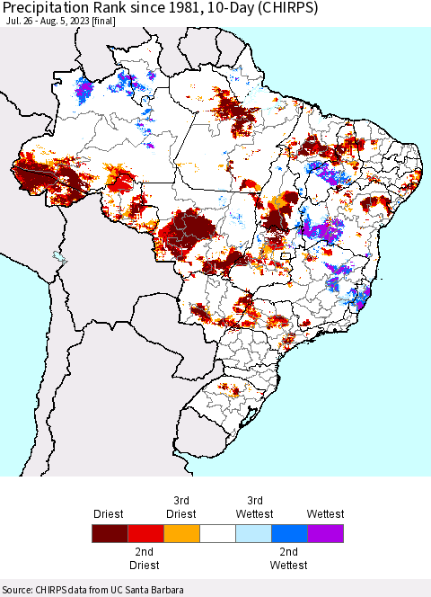 Brazil Precipitation Rank since 1981, 10-Day (CHIRPS) Thematic Map For 7/26/2023 - 8/5/2023