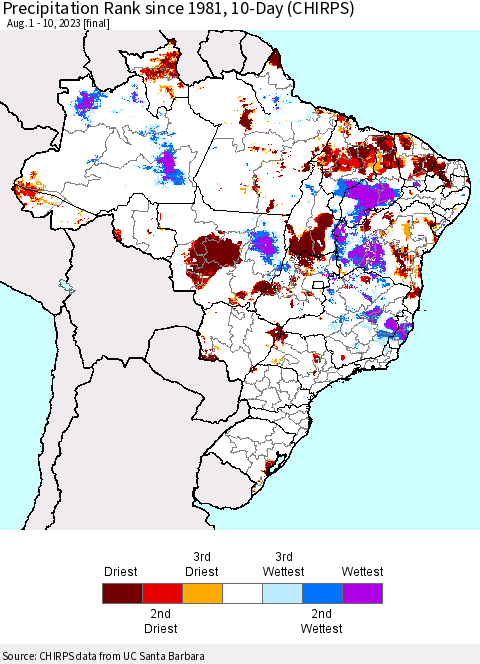 Brazil Precipitation Rank since 1981, 10-Day (CHIRPS) Thematic Map For 8/1/2023 - 8/10/2023