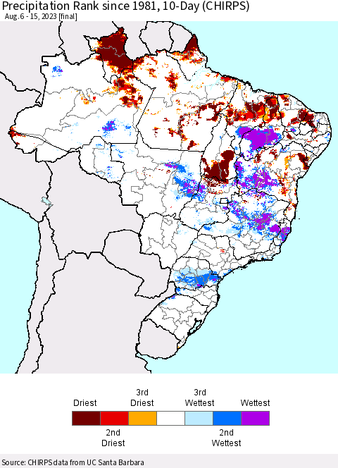 Brazil Precipitation Rank since 1981, 10-Day (CHIRPS) Thematic Map For 8/6/2023 - 8/15/2023