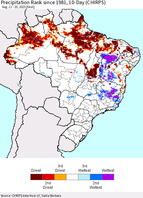 Brazil Precipitation Rank since 1981, 10-Day (CHIRPS) Thematic Map For 8/11/2023 - 8/20/2023