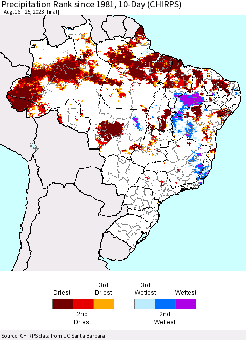 Brazil Precipitation Rank since 1981, 10-Day (CHIRPS) Thematic Map For 8/16/2023 - 8/25/2023