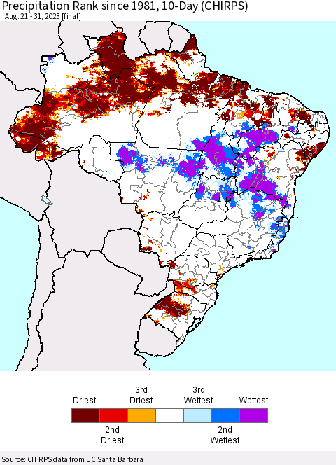 Brazil Precipitation Rank since 1981, 10-Day (CHIRPS) Thematic Map For 8/21/2023 - 8/31/2023