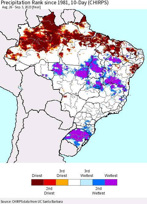 Brazil Precipitation Rank since 1981, 10-Day (CHIRPS) Thematic Map For 8/26/2023 - 9/5/2023